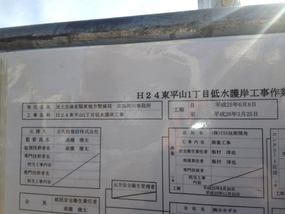 これは京浜河川事務所のしごとです。キャッチフレーズは「ひとをむすび川をみつめまちをまもる」です。