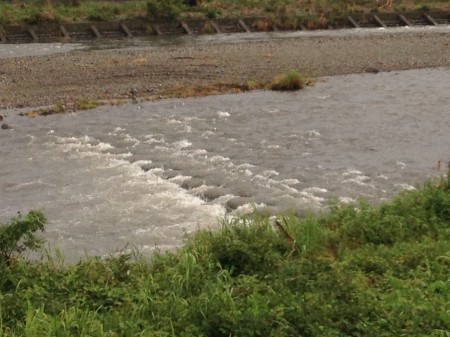 大雨が降ると川の様子を見たくなる年寄りの本能に従い、さっき見てきた今のあさ川はこんな感じ。今日の釣りはむりっぽい。このまま落ち着いてくれれば明日はよさそう。